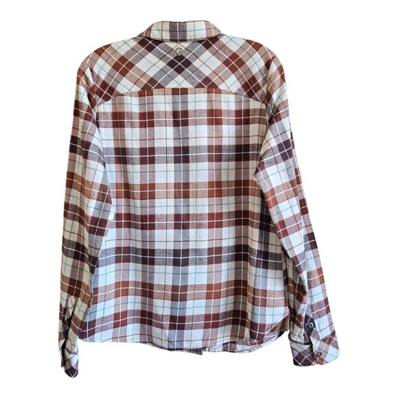 KUHL Women M Tess Flannel Shirt Snaps Corduroy Trim Brown Plaid Cotton Tencel 40 - Picture 10 of 11